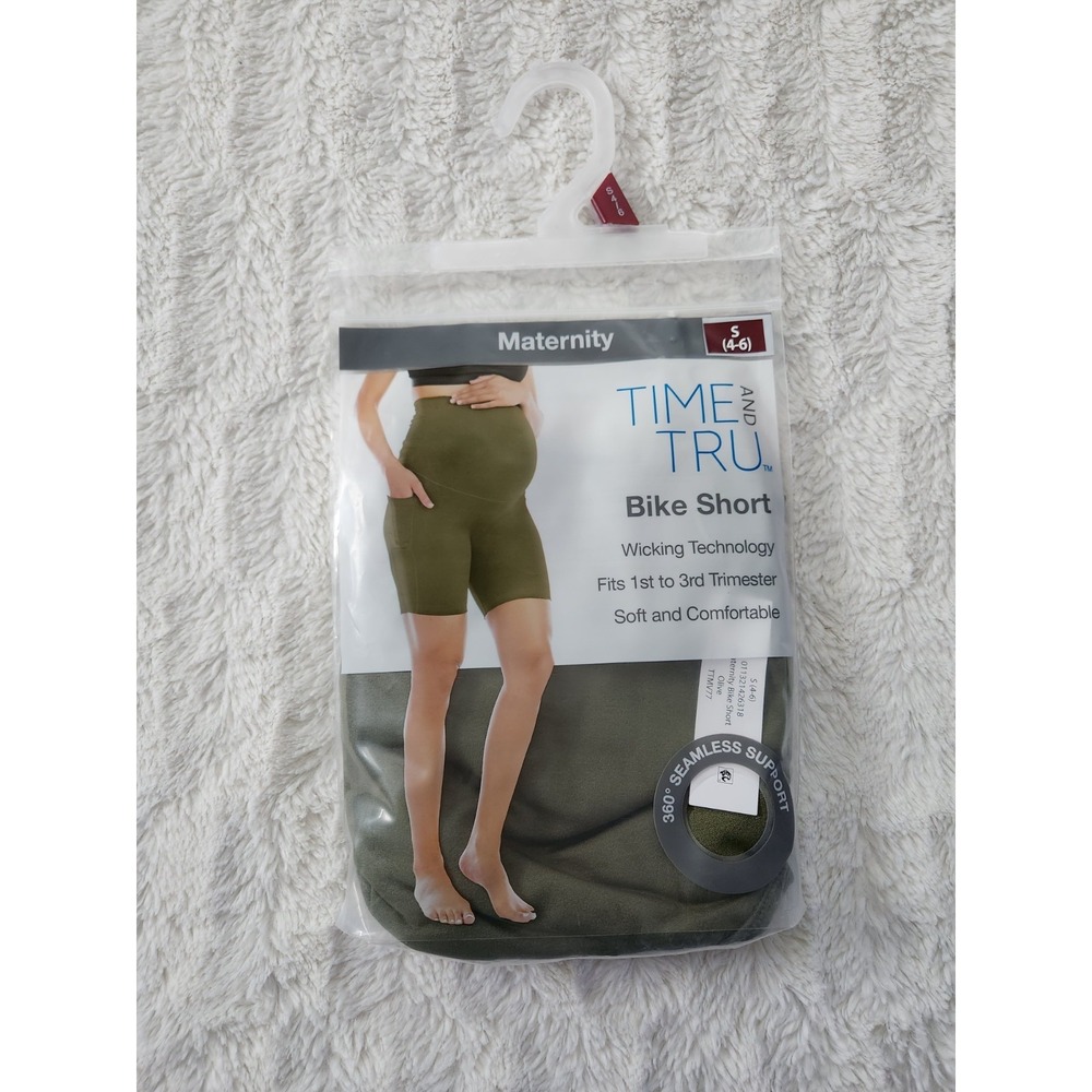 Time and Tru Maternity Bike Shorts Size S (4-6) Olive Green Seamless Pocket NWT